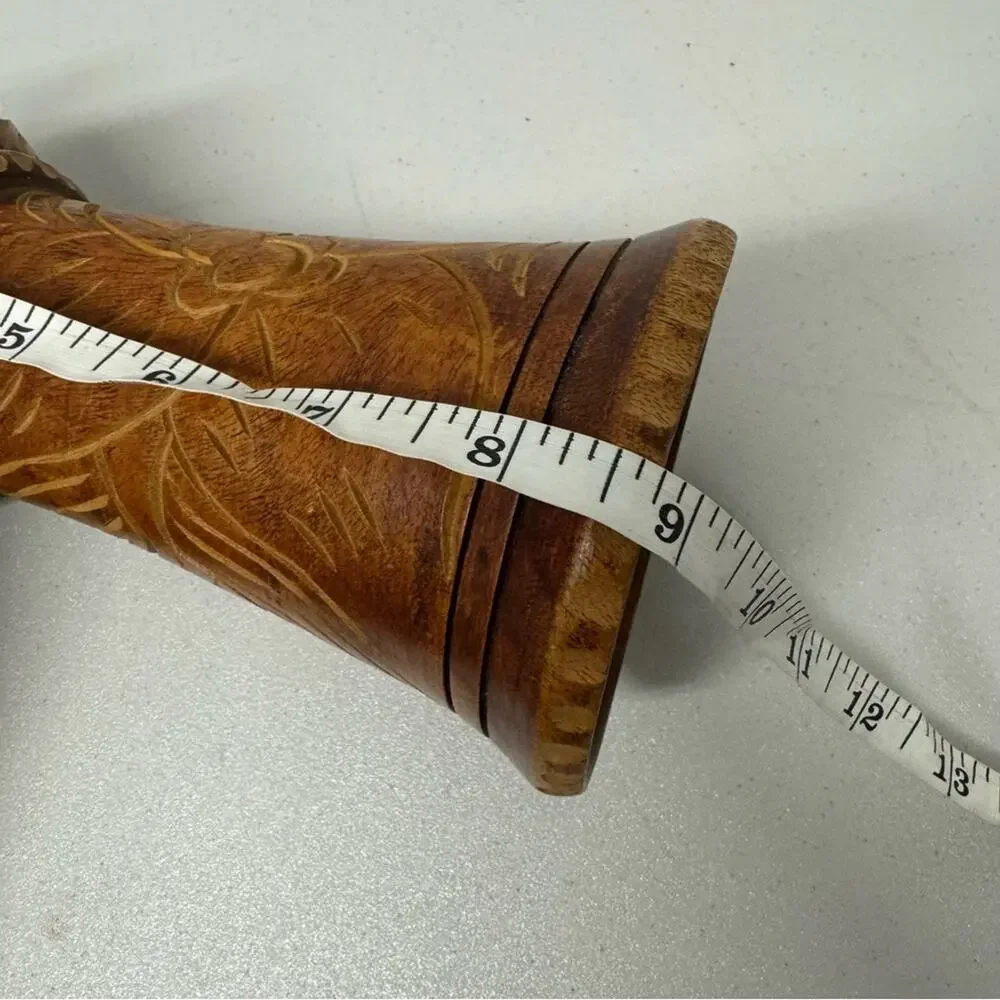 Vintage Wood Carved Tiki Vase Floral Boho Brown Home Decor
